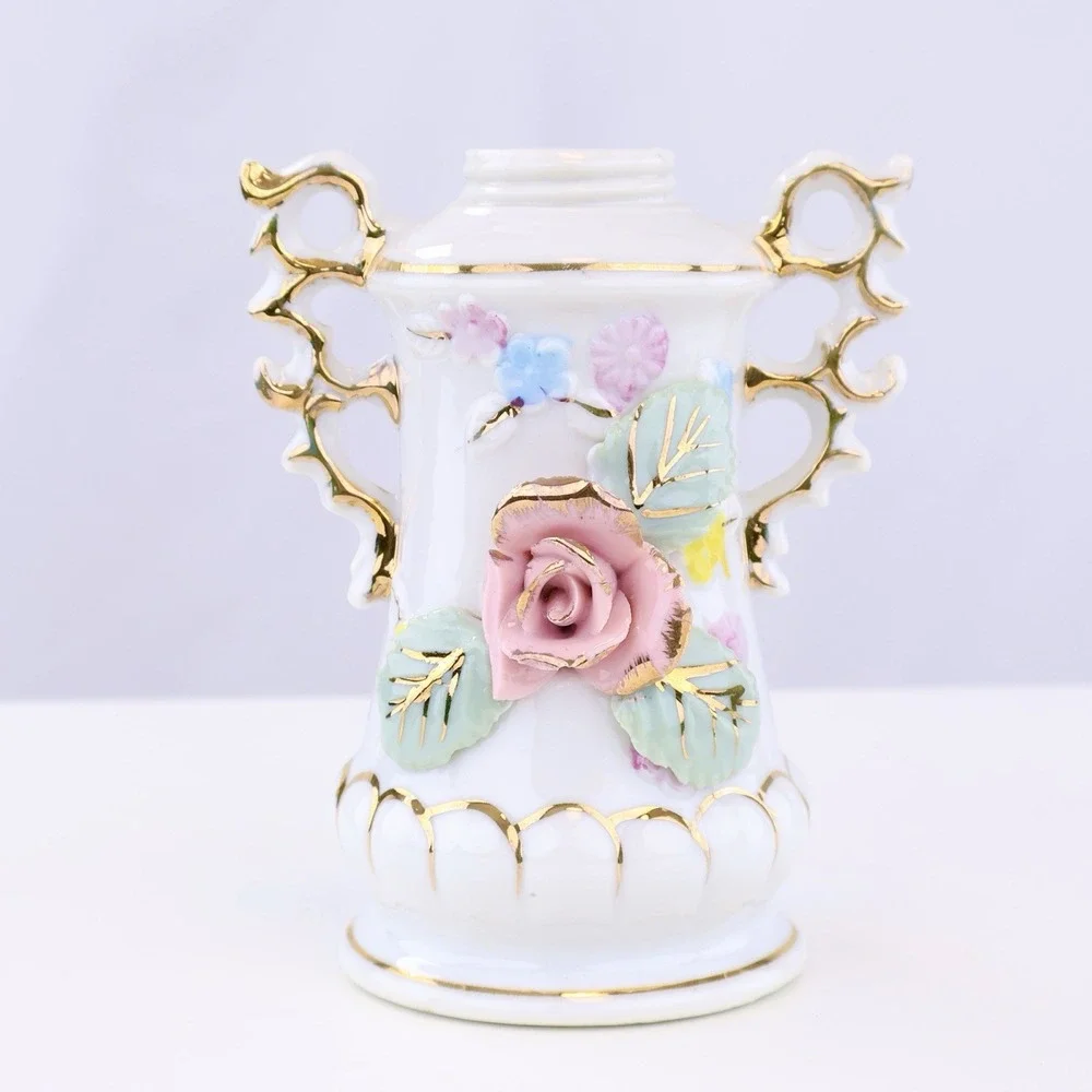 Vintage White Milk Glass Floral Vase Gold Gilt Pink Rose Double Handle 5